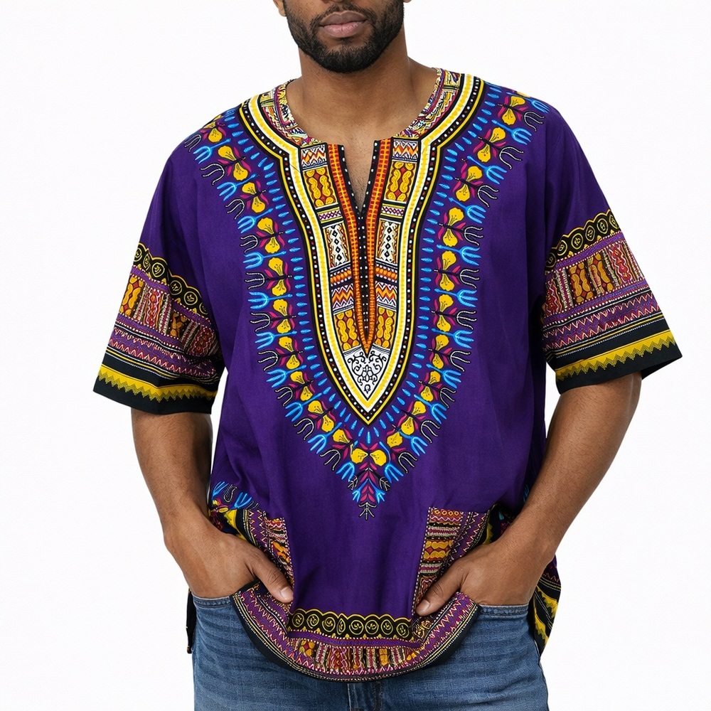Mama & Papa‎ Purple African Tribal Colorful Dashiki 100% CottonTop Unisex Large